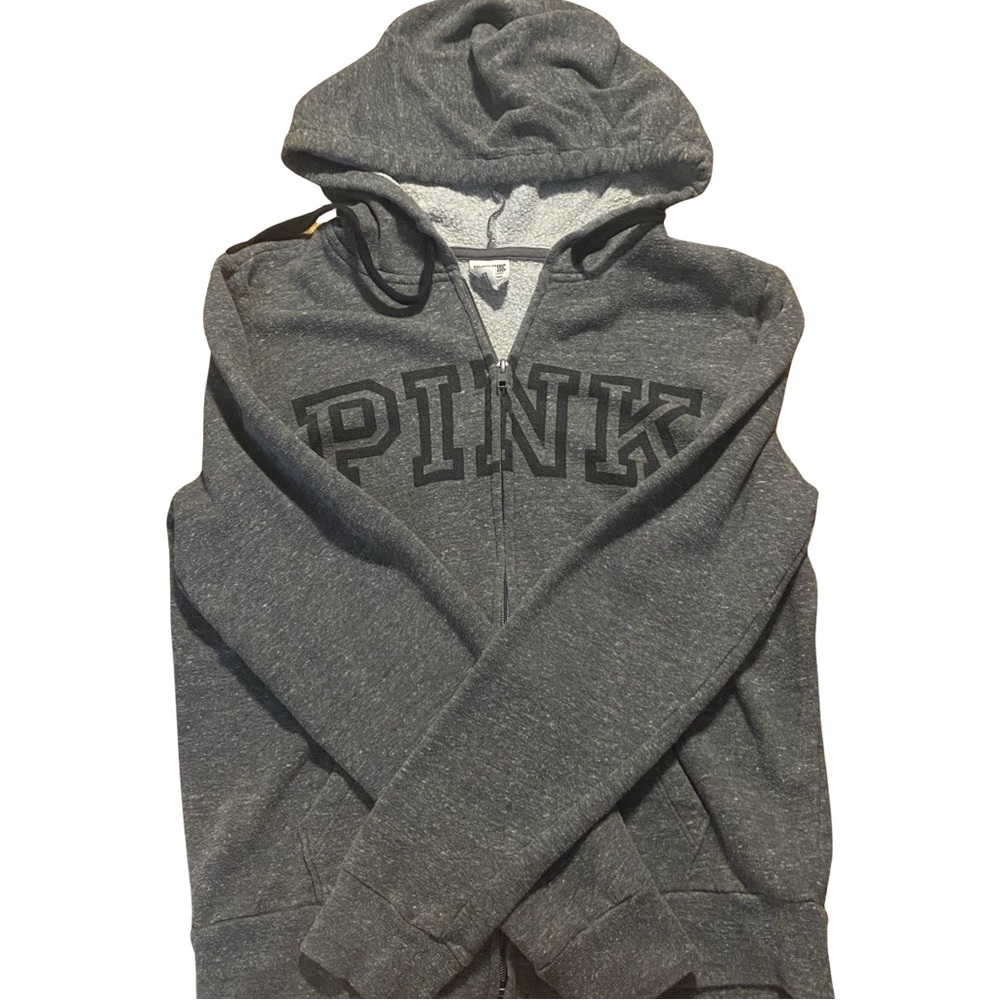 Pink VS Zip Up Hoodie. Size: Small. Color: Black and grey.